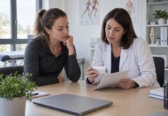 Une athlète et une médecin vérifient un médicament (illustration créée par IA)